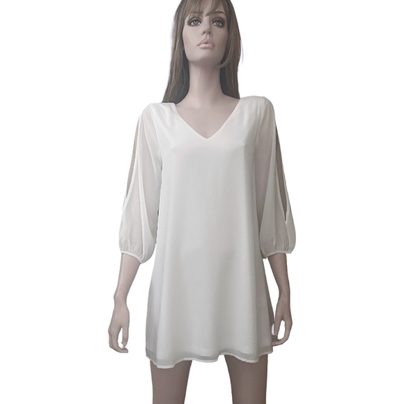 Lulu's Chiffon Cold Shoulder Shift Dress Tunic Wedding open sleeve Flowy Angelic - Picture 14 of 16
